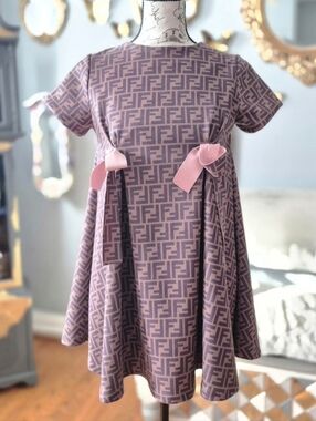 Fendi Girls' FF Logo A-Line Dress with Pink Ribbon Detail 14 Years